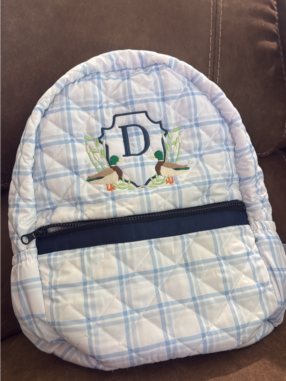 Monogram Quilted Kids Backpack with Duck Embroidery - Light Blue